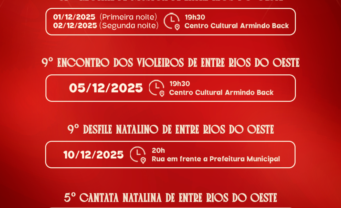 Programação dos eventos culturais Natalinos de Entre Rios do Oeste