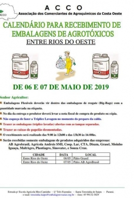 06 e 07 de Maio acontecerão a recolha de embalagens de agrotóxicos em Entre Rios do Oeste