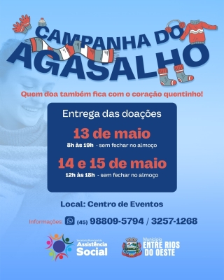 Entrega dos agasalhos da Campanha 2025 será realizada nos dias 13, 14 e 15 de maio em Entre Rios do Oeste